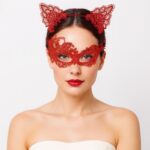 Gizemli Kırmızı Dantel Maske ve Taç Seti 1 No - Kostüm Seti - Görsel 3