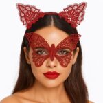 Gösterişli Kırmızı Dantel Maske ve Taç Seti 7 No  Masquerade ve Davetler için