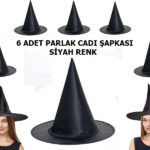 Siyah Renk Parlak Drn Cadı Şapkası Yetişkin ve Çuk Uyumlu 6 Adet