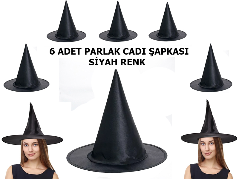halloween-siyah-renk-parlak-dral-resim-4343.jpg Siyah Renk Parlak Drn Cadı Şapkası Yetişkin ve Çuk Uyumlu 6 Adet - Görsel 1