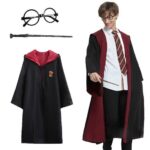 Harry Potter Gryffindor Kapişonlu Çuk Kostüm + Asa + Gözlük Seti 5-6 Yaş