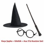 Harry Potter Tarzı Çuk Seti (Siyah Keçe Şapka, Asa, Gözlük) - Görsel 2