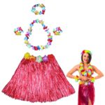 Hawaii Dans Kostümü  Kırmızı Hula Etek & Çiçek Kolye Seti