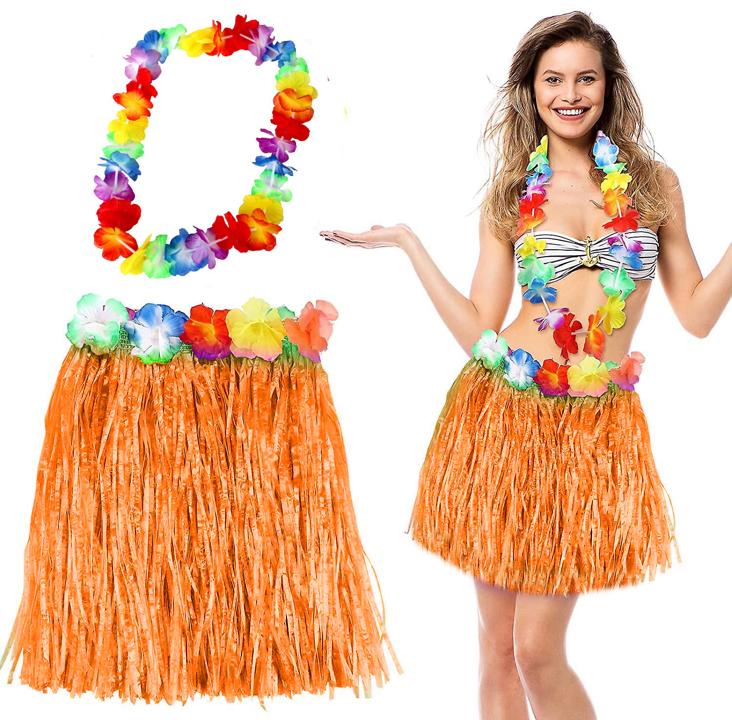 hawaii-luau-aloha-turncu-puskull-resim-4314.jpg Hawaii Luau ha Tcu Püsküllü 40 cm Etek ve Hawaii Kolye Seti - Görsel 1