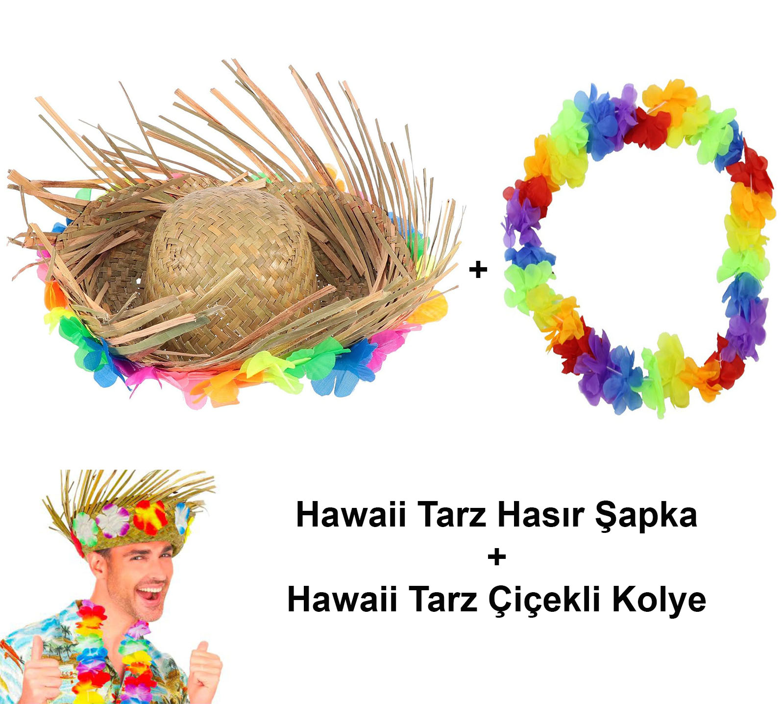 hawaii-tarzi-tropikal-cicekli-hasir-sapka-ve-cicekli-hawaii-koly-resim-5102.jpg Hawaii Tarzı Tropikal Çiçekli Hasır Şapka ve Çiçekli Hawaii Kolye - Görsel 1