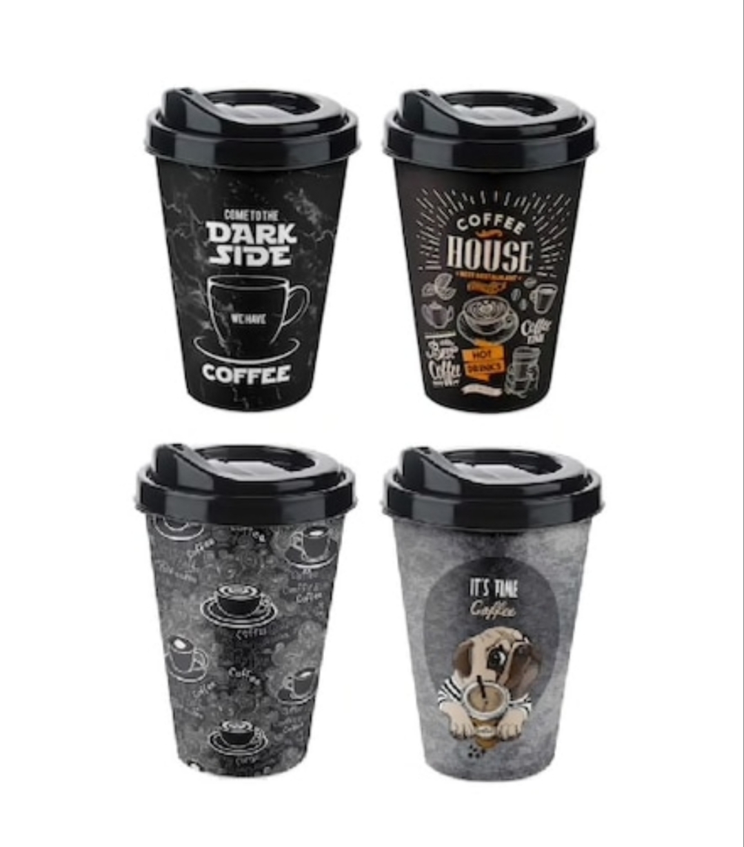 kahve-bard-642-1.jpg 4 Adet Kahve Bardağı - Kapaklı Desenli 400ML - Görsel 1