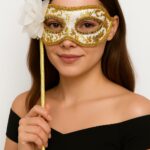 Lüks Taşlı Saplı Maskeli B Maskesi Beyaz Renk 35 cm