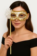 Lüks Taşlı Saplı Maskeli B Maskesi Beyaz Renk 35 cm