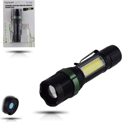 metal-el-f-1754-1.jpg Metal El Feneri USB Şarjlı 4 Kademeli Zoomlu GS 500 - Görsel 1
