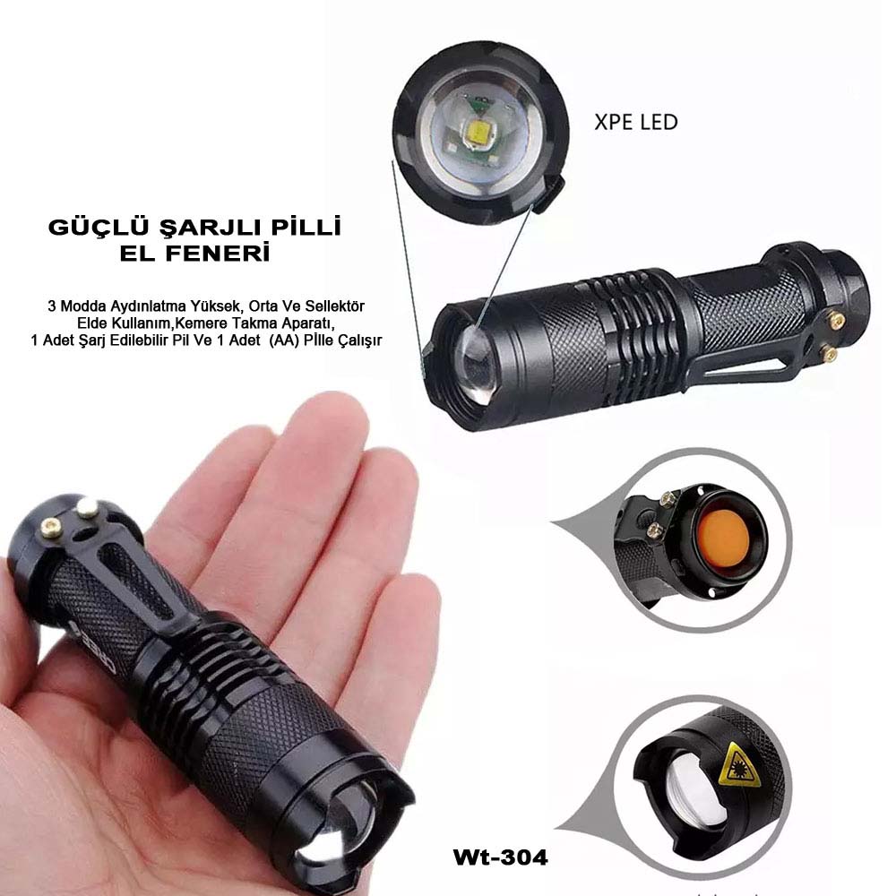mini-guclu-sarjli-pilli-e-18163-1.jpg Watton WT-304 Mini Zoomlu Şarjlı ve Pilli El Feneri - Görsel 1