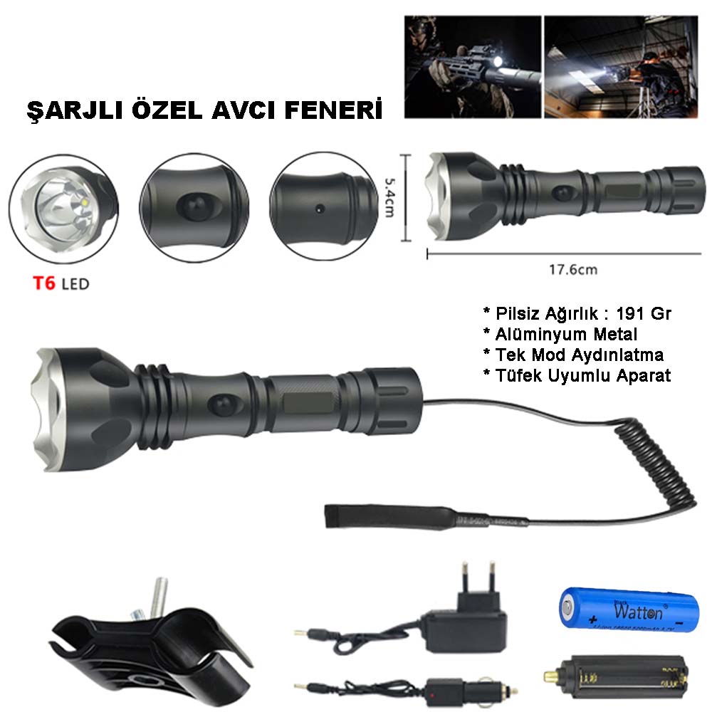 orjinal-600-lumen-tx6-sarjl-18165-1.jpg Orjinal 600 Lümen Tx6 Şarjlı Özel Avcı Feneri Watton Wt-253 - Görsel 1