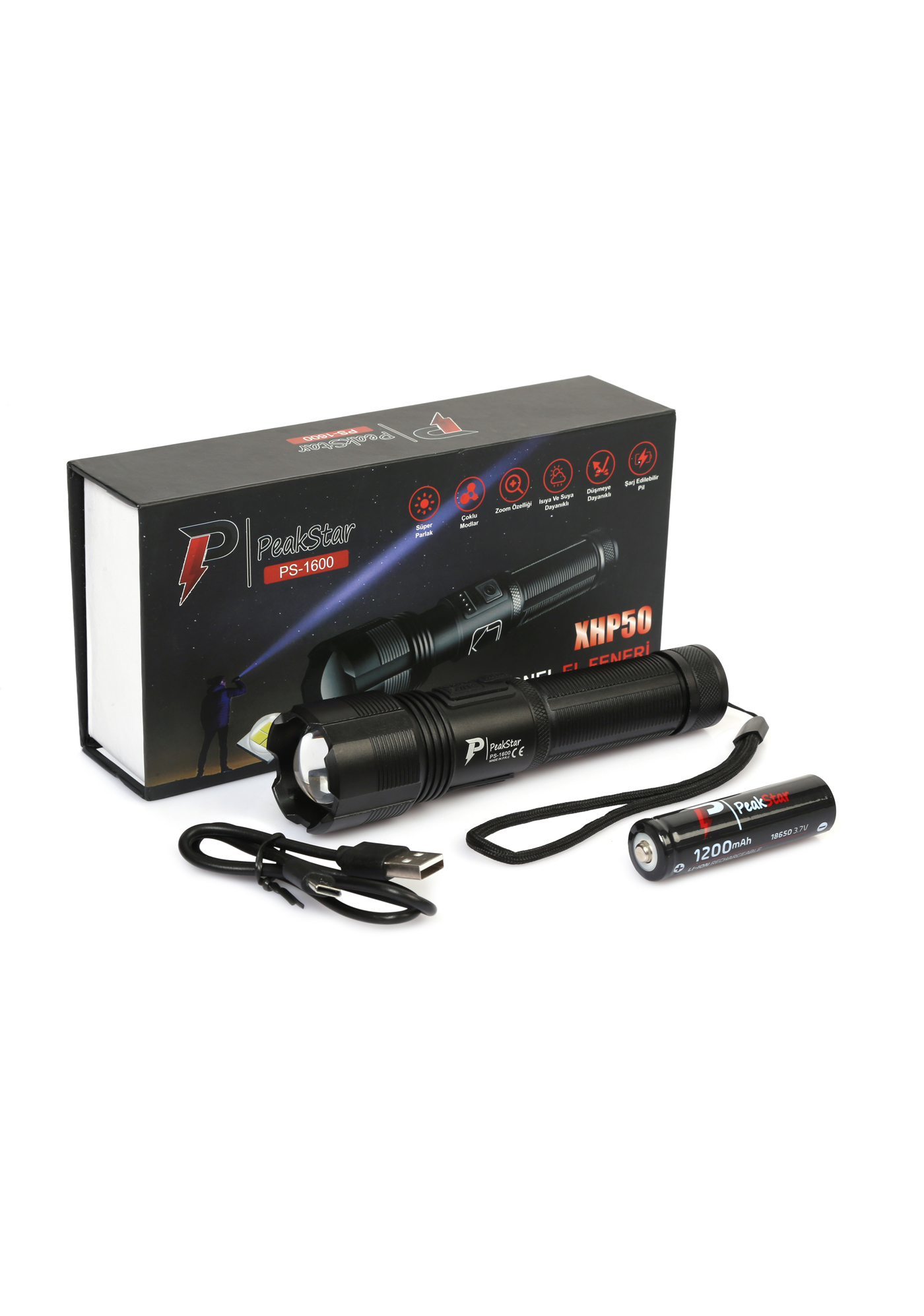peakstar-ps-1600-super-parlak-14482-1.jpg PeakStar Ps-1600 Süper Parlak Led Zoomlu 5 Mod Su Geçirmez Profesyonel Kamp Bekçi Avcı Feneri - Görsel 1