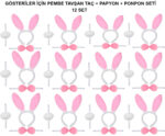 Pembe Tavşan Kostüm Seti  Taç, Papyon, Ponpon (12li Paket)