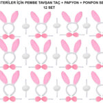Pembe Tavşan Kostüm Seti  Taç, Papyon, Ponpon (12li Paket)