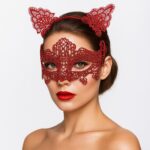 Romantik Kırmızı Dantel Maske Seti  Kedi Kulaklı Taç ve Maske 3 No