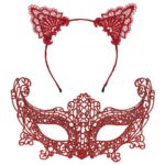Romantik Kırmızı Dantel Maske Seti  Kedi Kulaklı Taç ve Maske 3 No - Görsel 2