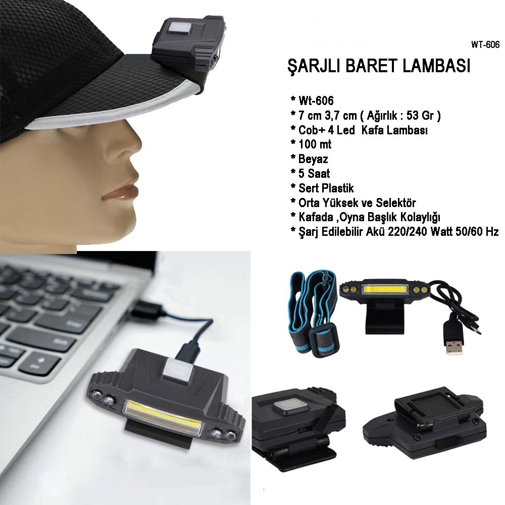 sarjli-baret-lambasi-watton-18204-1.jpg Watton WT-606 Şarjlı COB + 4 LED Baret Lambası - Görsel 1