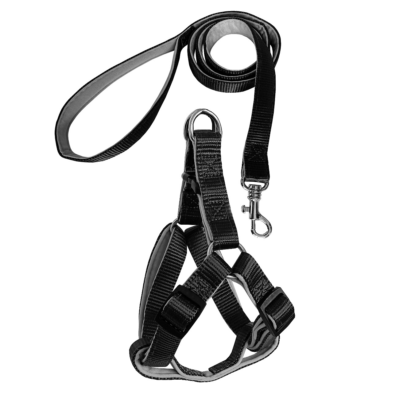 set-siyah-jpg.jpg Gezdirme Kayışlı Dokuma Köpek Göğüs Tasma Seti 52*73-110 cm Siyah - Görsel 1