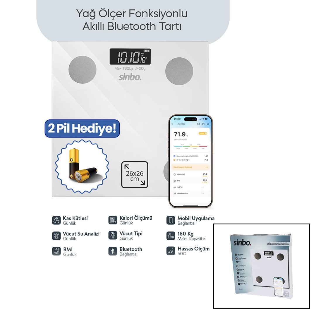 sinbo-sbs-4472-beyaz-ya-26043-1.jpg BASKÜL BEYAZ YAĞ ÖLÇER AKILLI BLUETOOTH CAM BASKÜL - Görsel 1
