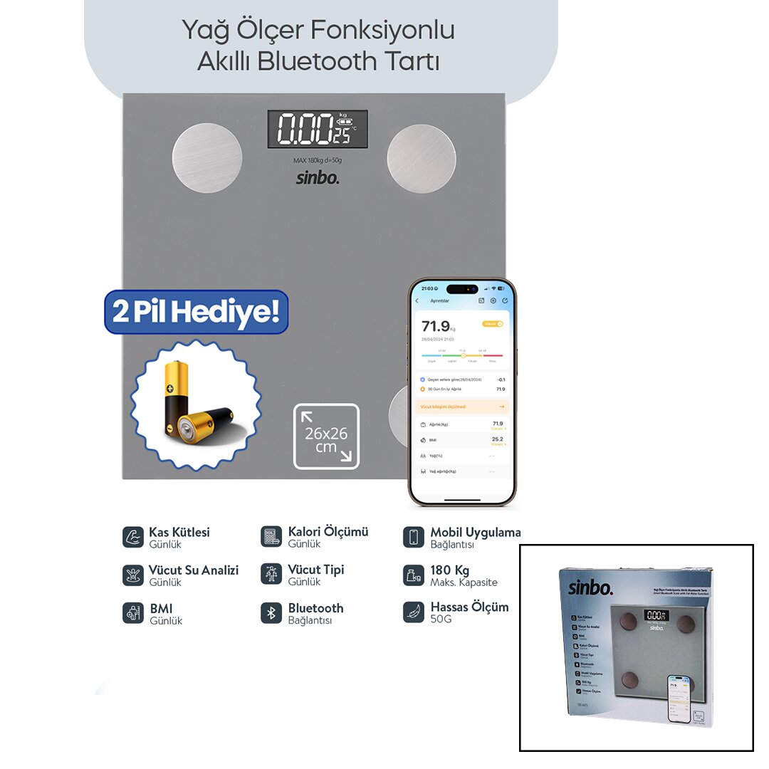 sinbo-sbs-4473-gri-yag-26041-1.jpg BASKÜL GRİ YAĞ ÖLÇER AKILLI BLUETOOTH CAM BASKÜL - Görsel 1