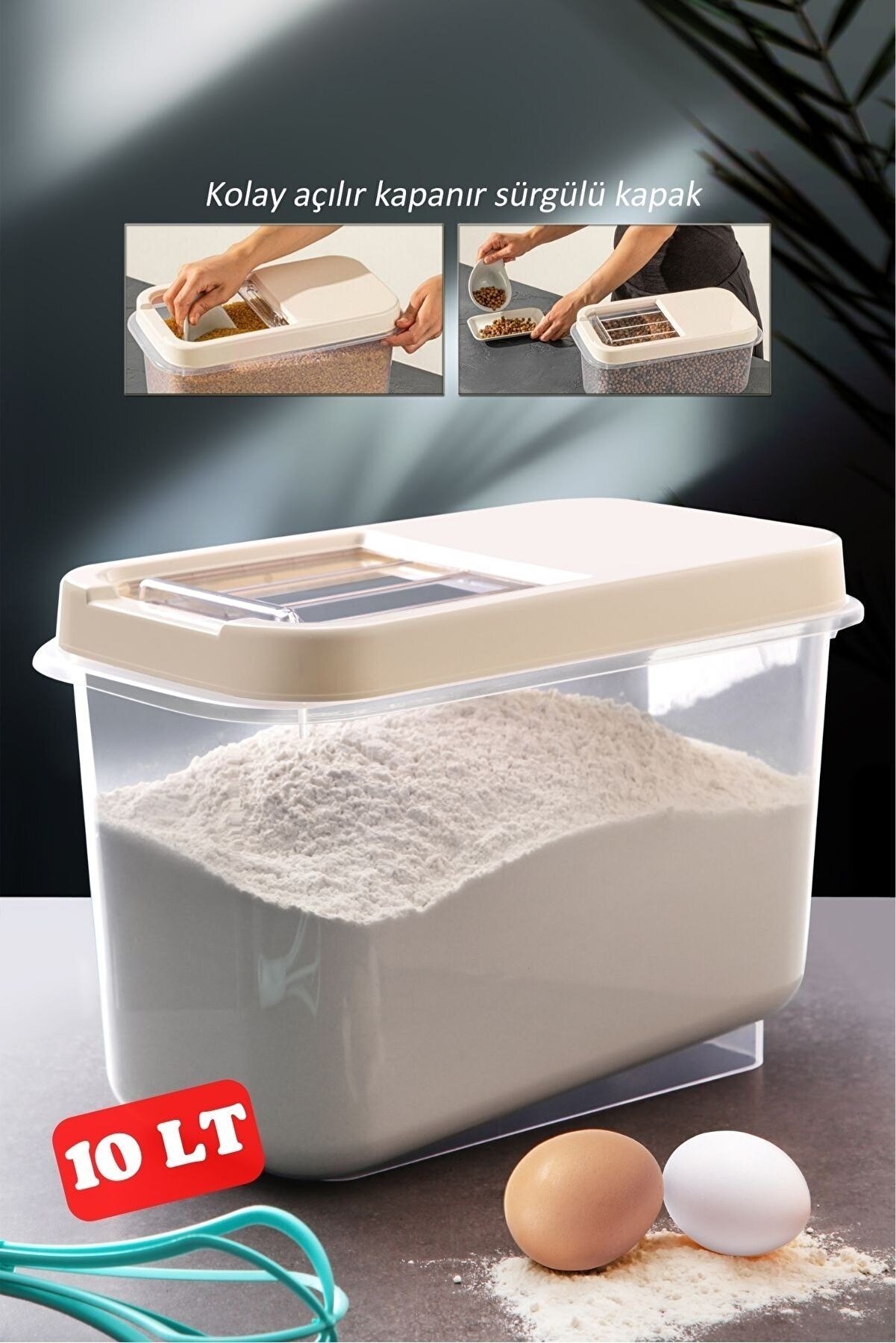 surgulu-5036-1.jpg Sürgülü Kapaklı 10 LT Erzak Bakliyat Un Şeker Saklama Kabı - Görsel 1