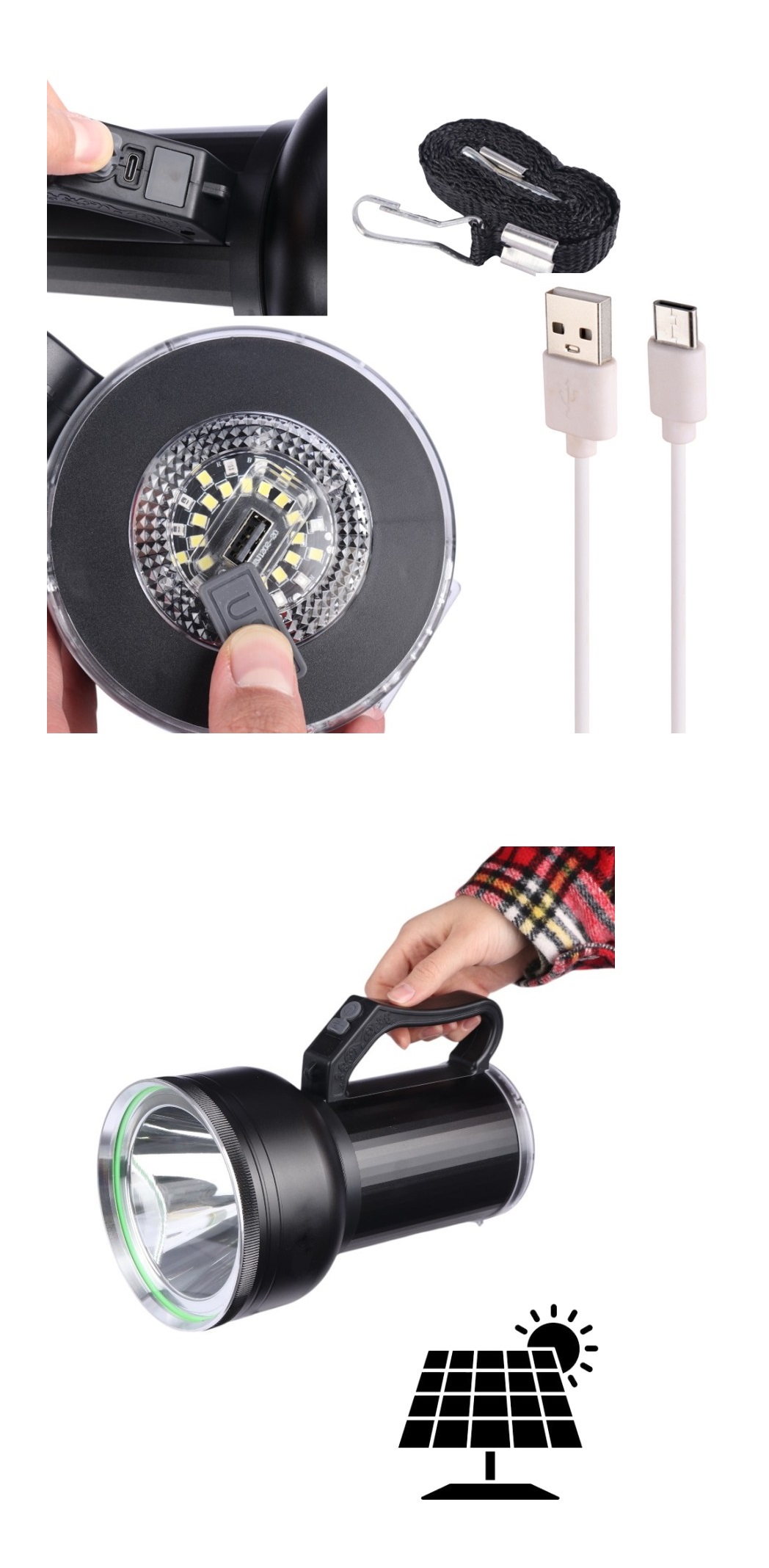 tasinabilir-solar-sarjli-l-15494-1.jpg Taşınabilir Solar Şarjlı LED Fener Powerbank Özellikli Kamp ve Acil Durum İçin Süper Parlak Işık - Görsel 1