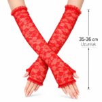 Uzun Kırmızı Dantel Eldiven - 35 cm Parmaksız Tasarım