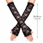 Uzun Siyah Dantel Eldiven - 35 cm Parmaksız Estetik