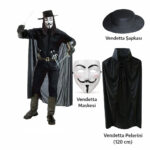 3'lü Vendetta Kostüm Seti - Şapka, Maske ve 120 cm Pelerin